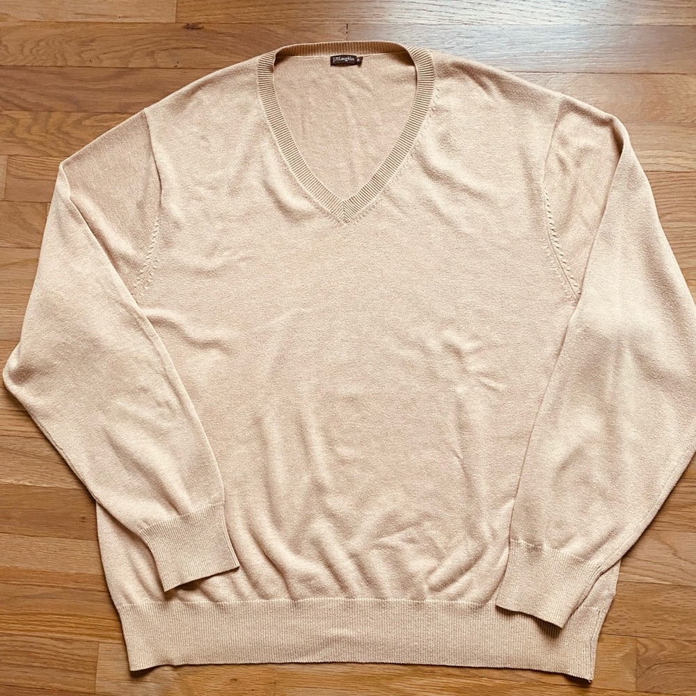 J. McLaughlin Men's Light Tan V-Neck cotton blend Sweater Preppy Quite Luxury